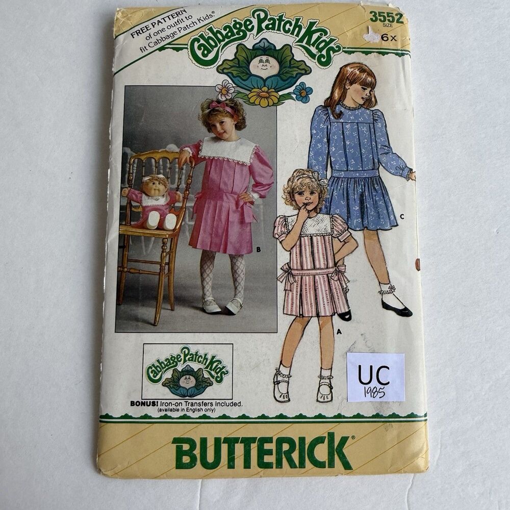 Vtg 80s Butterick Pattern 3552 Cabbage Patch Drop Waist Dress Transfers Sz 6X
